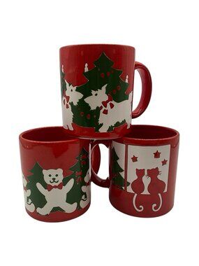 Waechtersbach Set of Three Vintage Coffee Mugs, 1 Teddy Bear, 1 Cat, 1 Scottie